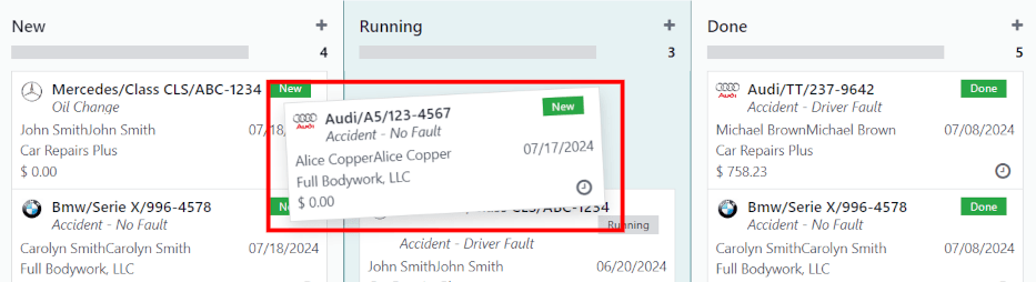 نمای کانبان مراحل، با کارتی که به مرحله در حال اجرا کشیده و رها می‌شود.