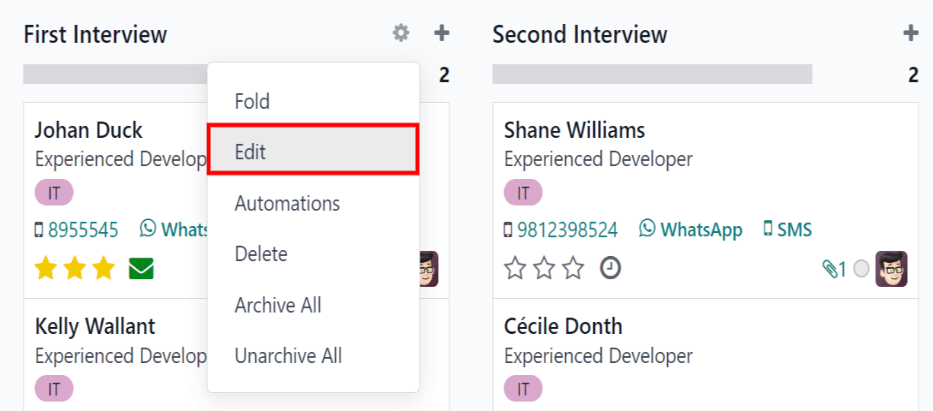 منوی کشویی که پس از کلیک روی چرخ‌دنده ظاهر می‌شود.