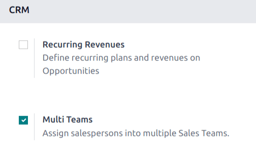 صفحه تنظیمات برنامه CRM با فعال بودن ویژگی چند تیمی.