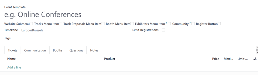 فرم قالب رویداد استاندارد در برنامه رویدادها.