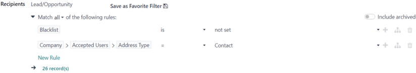 نمایی از نحوه سفارشی‌سازی فیلترها در برنامه بازاریابی با ایمیل سازمان‌یار.
