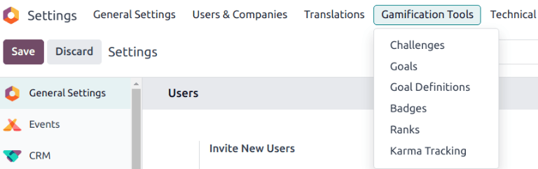 نمای منوی ابزارهای گیمیفیکیشن در تنظیمات.