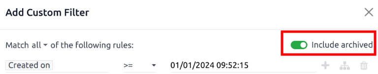 پنجره بازشو افزودن فیلتر سفارشی با تأکید بر دکمه شامل موارد بایگانی شده.