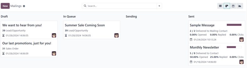نمای کانبان داشبورد اصلی برنامه بازاریابی با ایمیل اودوو.
