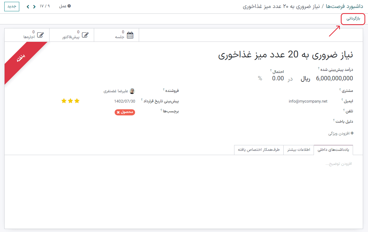 فرصت از دست رفته با تأکید بر دکمه بازگردانی.