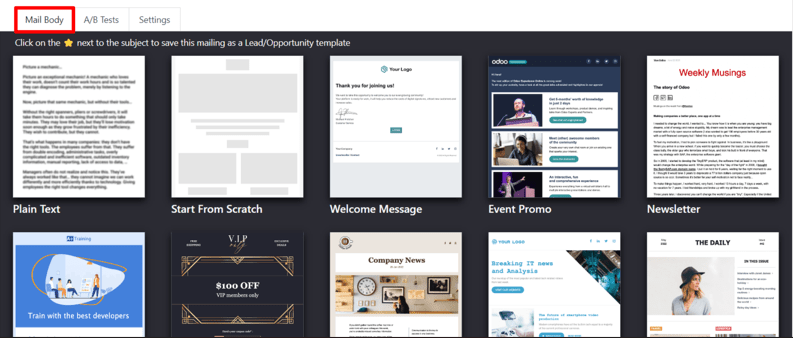 نمایش قالب‌ها در تب بدنه ایمیل در برنامه بازاریابی با ایمیل سازمان‌یار.