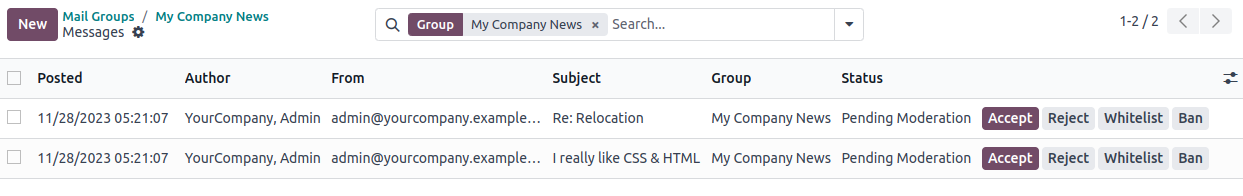 دکمه‌های مدیریت در سطر پیام.