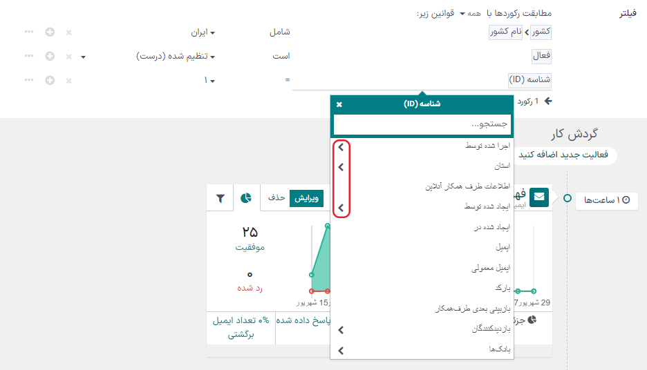منوی فیلتر کشویی در برنامه اتوماسیون بازاریابی.