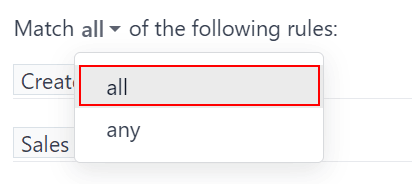 نمای نزدیک از گزینه تطبیق همه قوانین در پنجره افزودن فیلتر سفارشی.