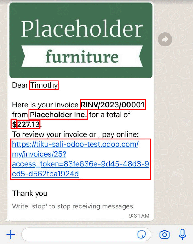 پیام واتس‌اپ با متغیرهای پویای برجسته.