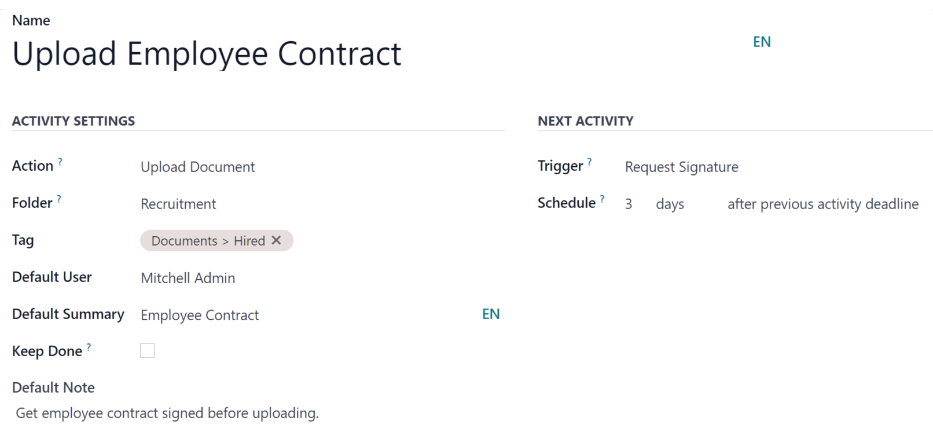 یک فرم فعالیت جدید که تمام فیلدهای آن پر شده است.