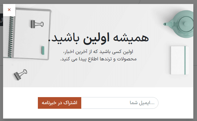 نمونه‌ای از نحوه نمایش بلوک پاپ‌آپ خبرنامه در یک وب سایت.
