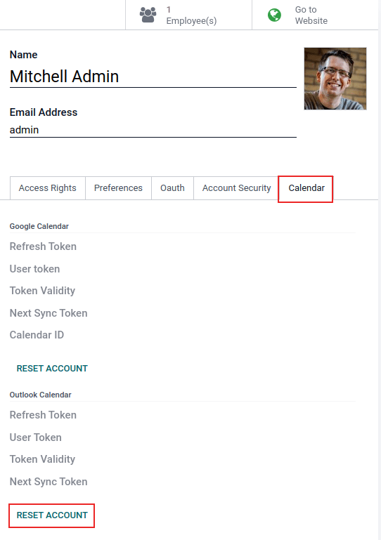 دکمه‌های بازنشانی در تب تقویم کاربر برجسته شده‌اند.