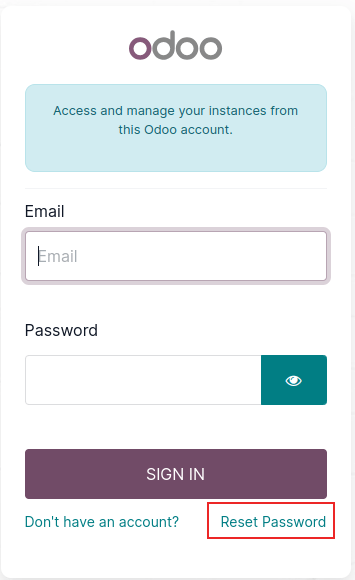 صفحه ورود به odoo.com با تأکید بر گزینه بازنشانی رمز عبور.
