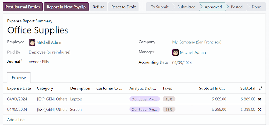 دکمه «گزارش در فیش حقوقی بعدی»، که با وضعیت «تأیید شده» گزارش هزینه قابل مشاهده است.