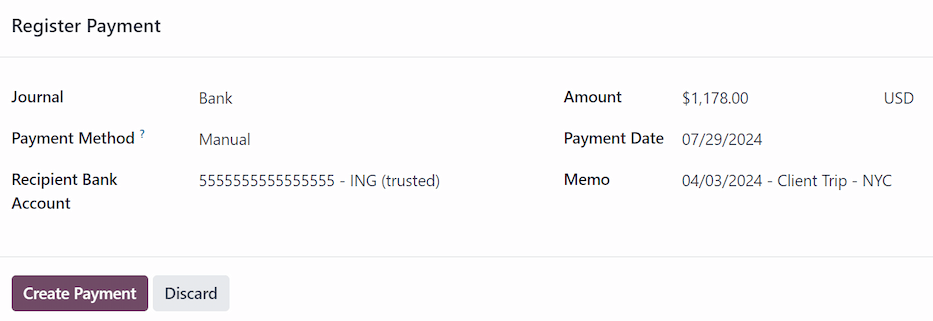 پنجره «ثبت پرداخت» که برای بازپرداخت یک گزارش هزینه جداگانه تکمیل شده است.