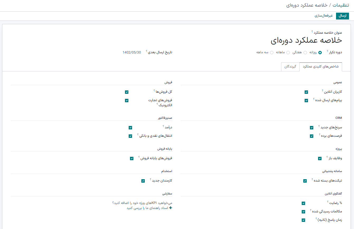 سفارشی‌سازی تنظیمات پیش‌فرض ایمیل خلاصه عملکرد و KPIهای سفارشی.