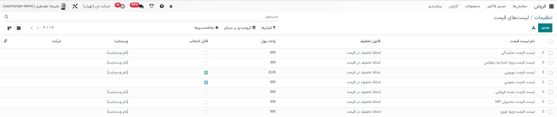 نحوه نمایش صفحه لیست‌های قیمت در برنامه فروش سازمان‌یار.