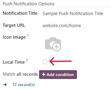گزینه زمان محلی در بخش گزینه‌های اعلان فوری.