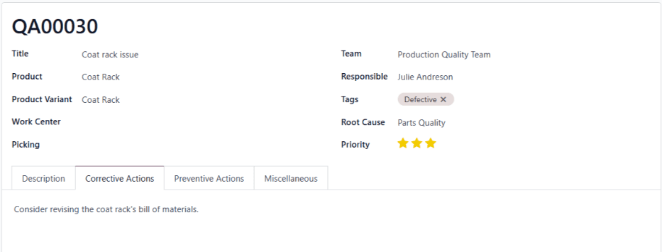 هشدار کیفیت ایجاد شده در مورد مشکل محصول جالباسی.