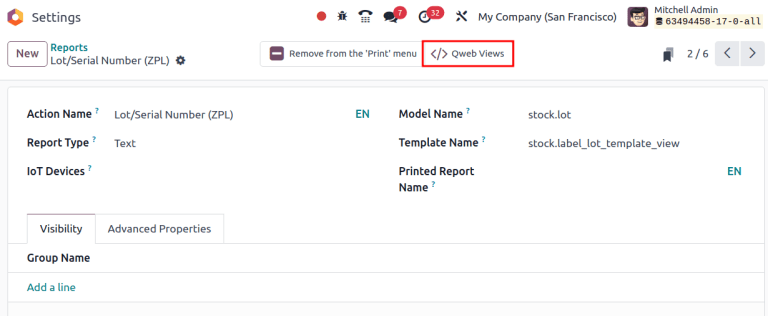نمایش دکمه هوشمند Qweb در گزارش سری ساخت و شماره سریال (ZPL).