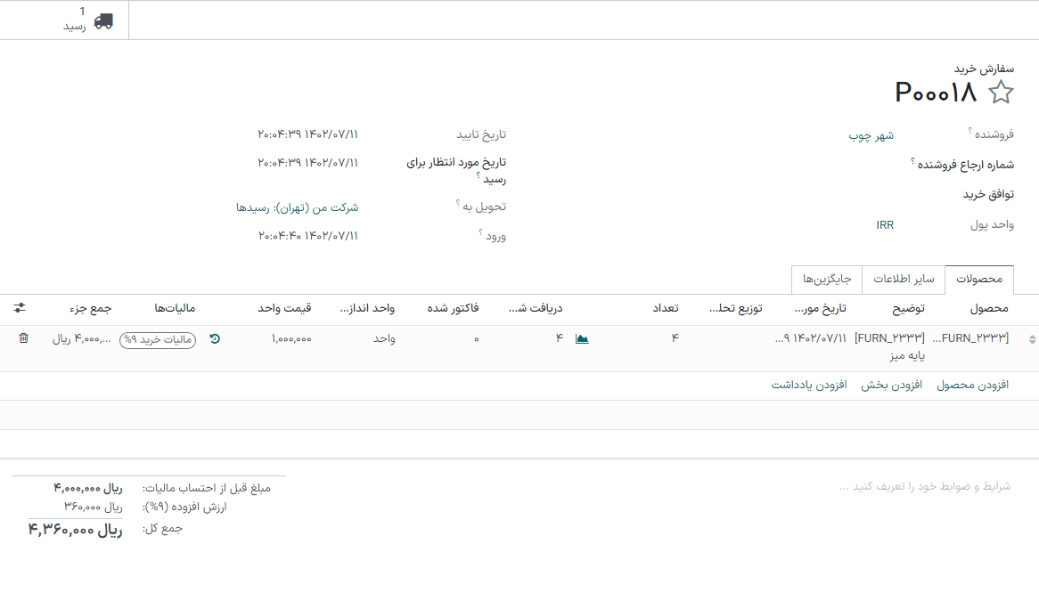 سفارش خرید تکمیل شده برای محصول بارکد.