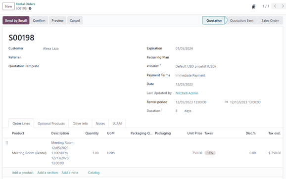 نمونه‌ای از یک سفارش اجاره در برنامه اجاره.