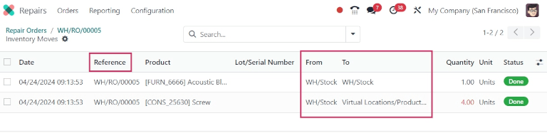 تاریخچه انتقال‌های محصول در سفارش تعمیر.
