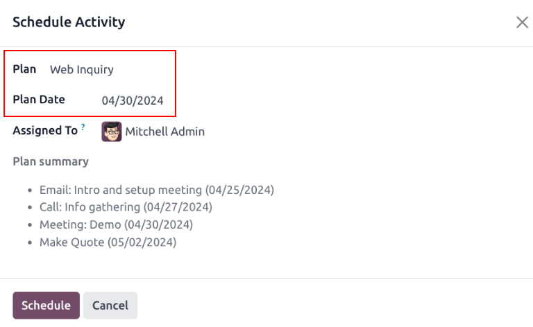 پنجره زمان‌بندی فعالیت با یک برنامه فعالیت انتخاب شده.
