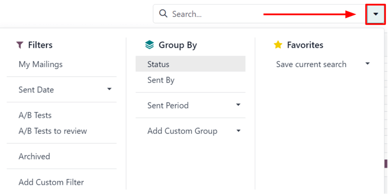 منوی کشویی بزرگ گزینه‌های جستجو در برنامه بازاریابی با ایمیل در سازمان‌یار.
