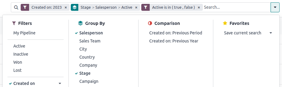 کلیک روی پیکان پایین کنار نوار جستجو، منوی فیلترها را برای تحلیل باز می‌کند.