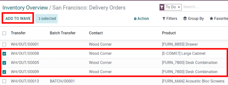 انتخاب سطرها برای افزودن به انتقال موجی.