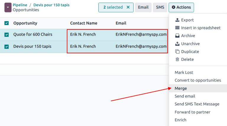 لیست سرنخ‌ها و فرصت‌های مشابه انتخاب شده برای ادغام در برنامه CRM.