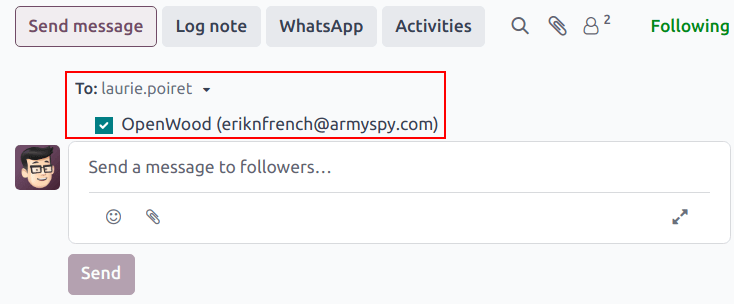 کادر ایجاد پیام در حال آماده‌سازی برای ارسال پیام به دنبال‌کنندگان فرصت CRM و مشتری فهرست شده در رکورد فرصت.