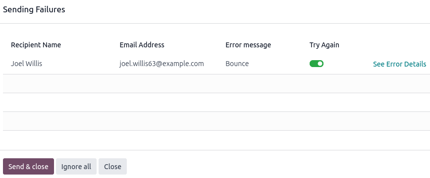 نمونه‌ای از یک خطای ارسال.