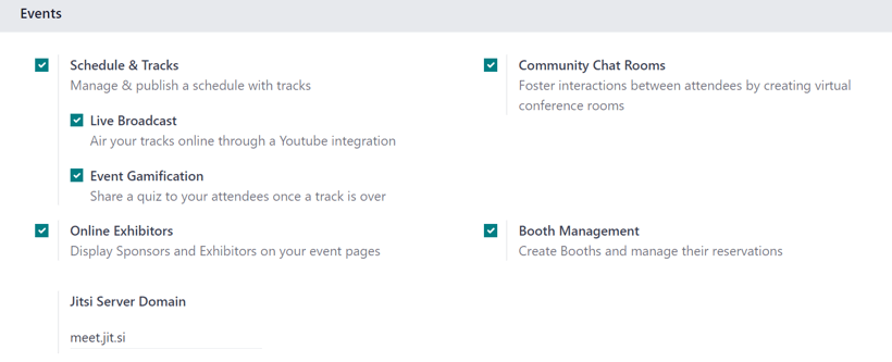 بخش رویدادها در صفحه تنظیمات برنامه رویدادها.