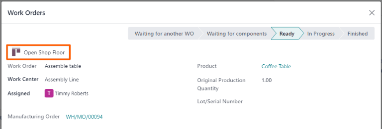 دکمه باز کردن سالن تولید برای سفارش کار در یک سفارش تولید.
