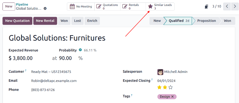 یک رکورد فرصت با تأکید بر دکمه هوشمند سرنخ‌های مشابه.
