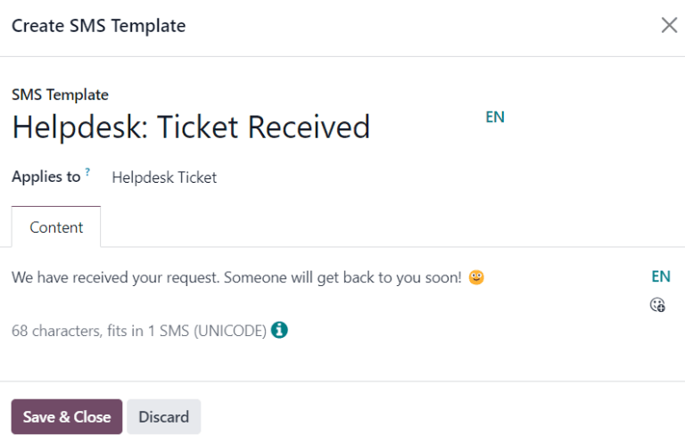 نمایی ازتنظیمات مربوط به قالب پیام کوتاه در سامانه پشتیبانی اودوو