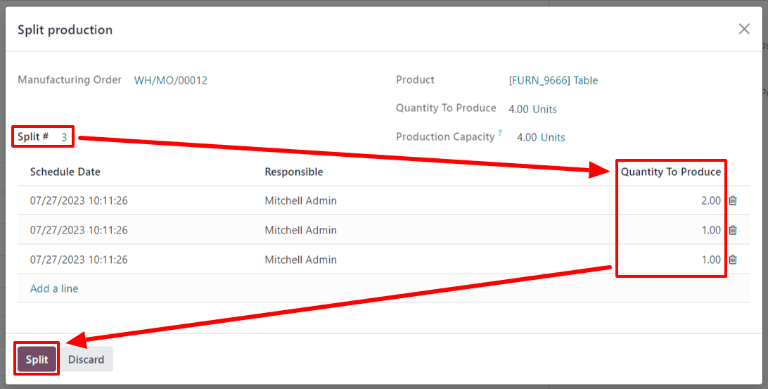 پنجره تقسیم تولید برای سفارش تولید.