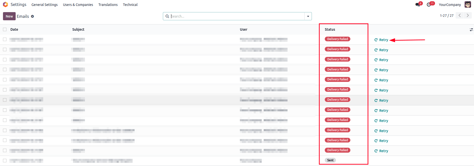 نمونه‌ای از نمای صف ایمیل فنی.