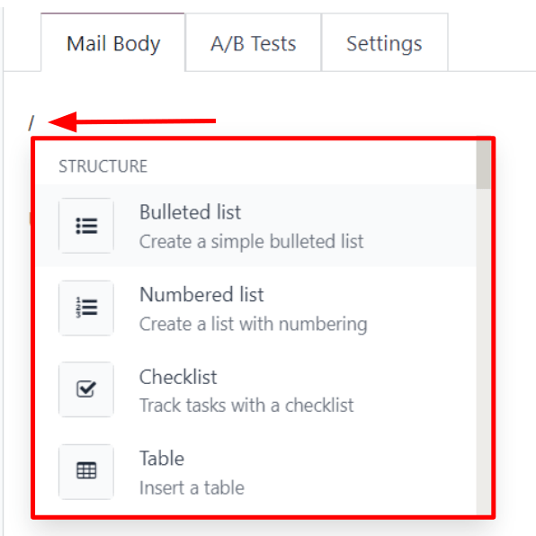 نمایش منوی کشویی ویرایشگر متن غنی در برنامه بازاریابی با ایمیل سازمان‌یار.