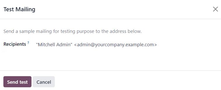 نمایی از پنجره پاپ‌آپ که زمانی که دکمه تست در فرم ایمیل کلیک می‌شود ظاهر می‌شود.