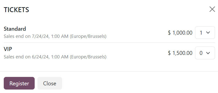 پنجره‌ی پاپ‌آپ بلیط‌ها که هنگام کلیک روی 'ثبت نام' در وب سایت رویداد ظاهر می‌شود.