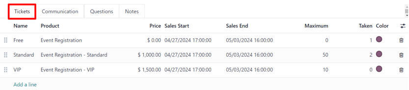 تب معمول بلیت‌ها در فرم رویداد در برنامه رویدادها.