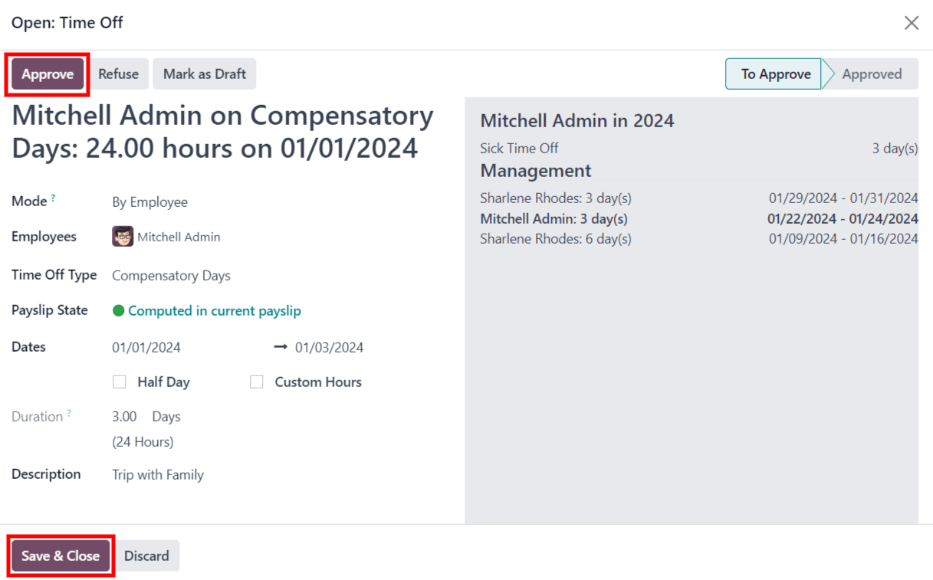 فرم جزئیات درخواست مرخصی.