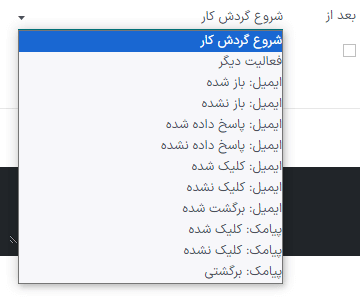 لیستی از گزینه‌های اجرایی در پنجره فعالیت‌های گردش‌کار.