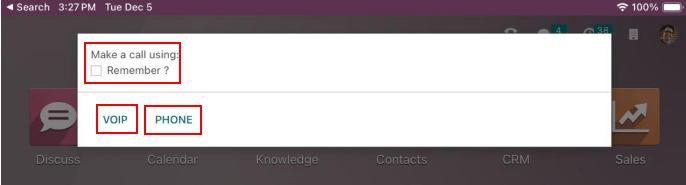 پنجره درخواست برای انتخاب اینکه از VOIP یا تلفن دستگاه برای برقراری تماس استفاده شود.