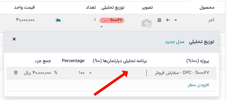 نحوه انتخاب دپارتمان توزیع تحلیل از سفارش خرید در سازمانیار.