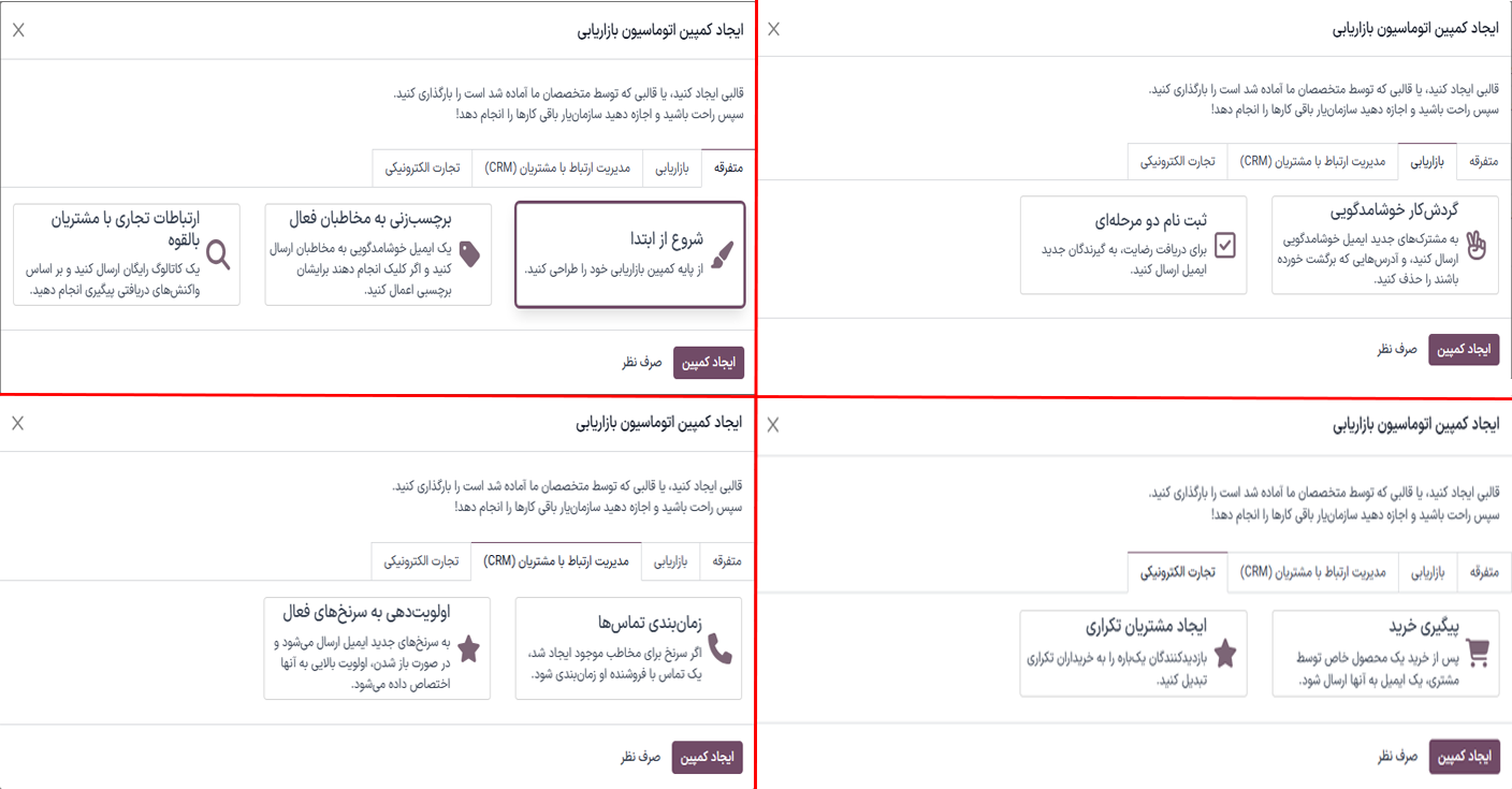 شش کارت قالب کمپین در داشبورد کمپینهای برنامه اتوماسیون بازاریابی.